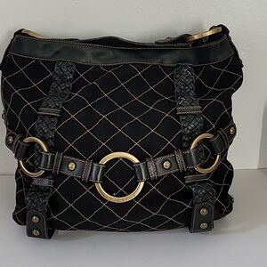 Isabella Fiore Carina Black Canvas Braided Leather Belted Large Hobo Tote bag